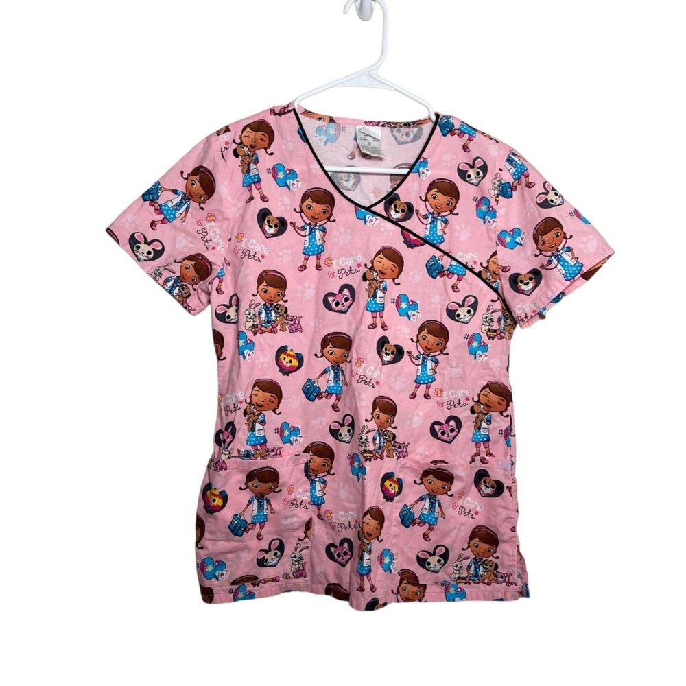 Disney Doc McStuffins Vet Scrub Top Women's Small Pink Short Sleeve Pets